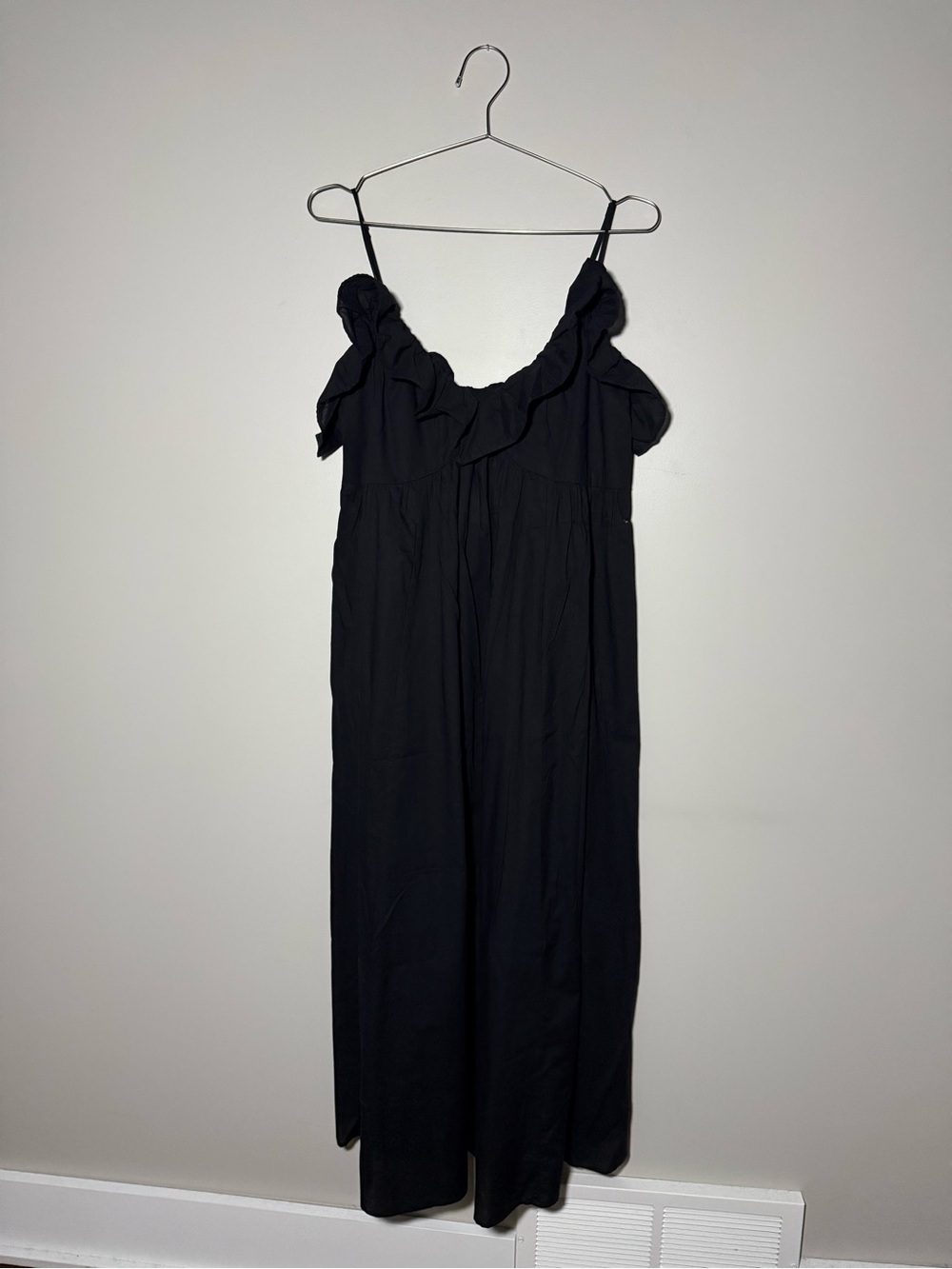 NWT H&M Flounce-Trimmed Black Maxi Dress Sz L Minimalist Goth Whimsigoth Ruffle